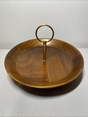 Vintage SOLID WALNUT Wooden Serving Tray Trinket Dish with Gold Handle - Brown